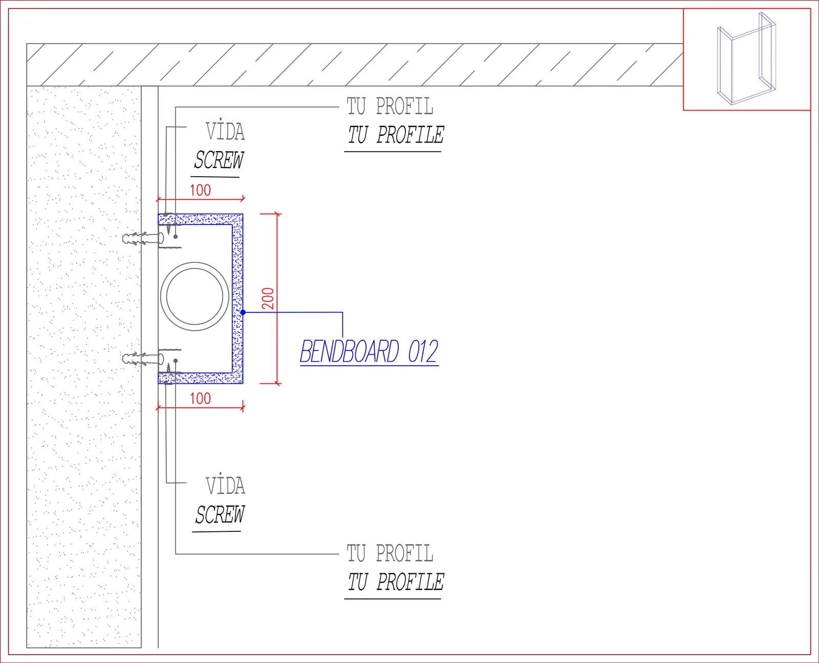 BendBoard 012 uygulama detayı 1: asma tavan taşıyıcı sistemine bağlantı kesiti